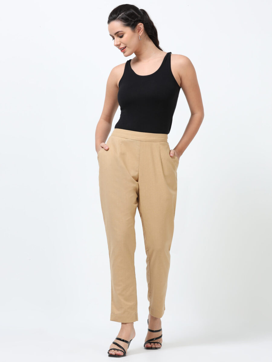 Marcia Beige Solid Cotton Regular Trousers - Image 8