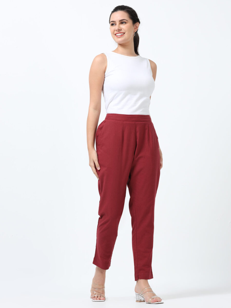 Marcia Maroon Solid Cotton Regular Trousers - Image 3