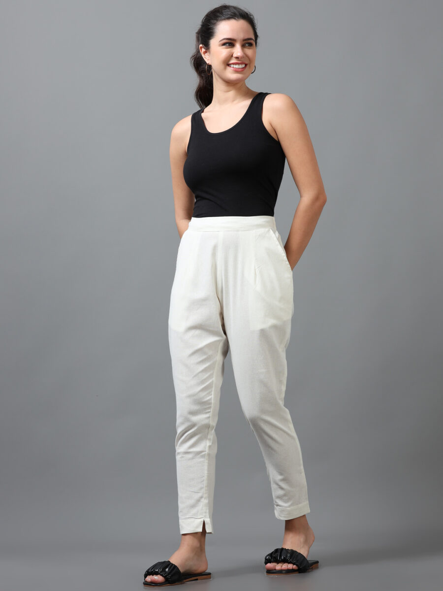 Marcia off White Solid Cotton Regular Trousers - Image 7