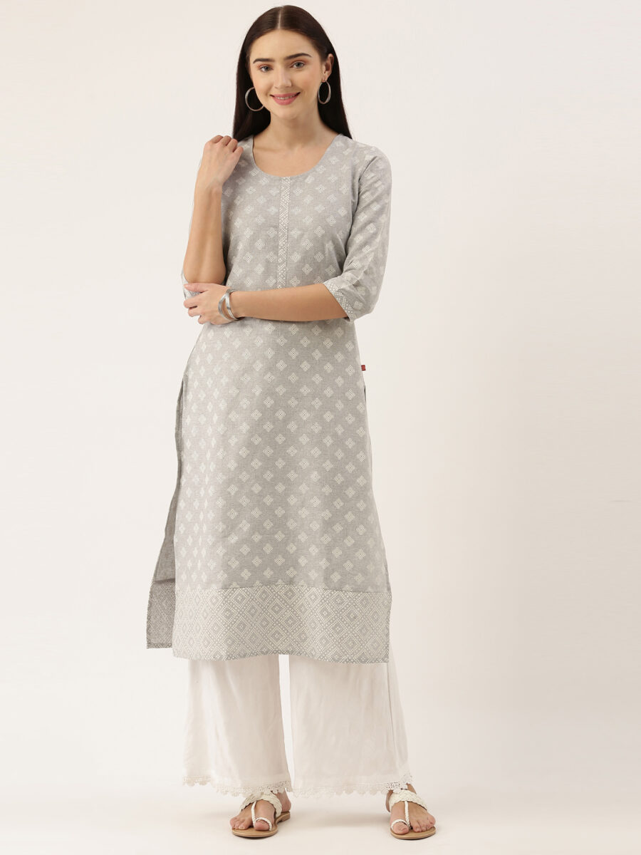Marcia Grey Printed Cotton Straight Long Kurta