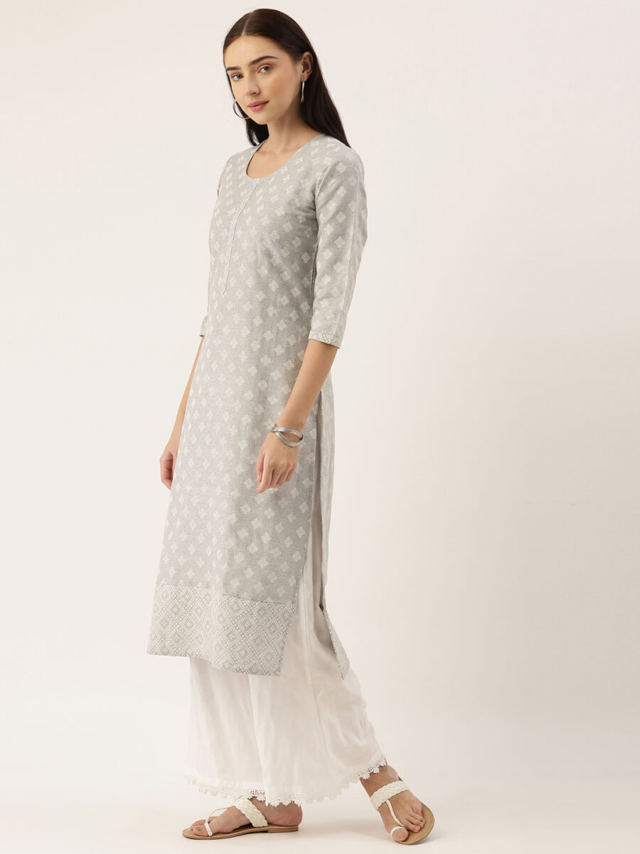 Marcia Grey Printed Cotton Straight Long Kurta - Image 2