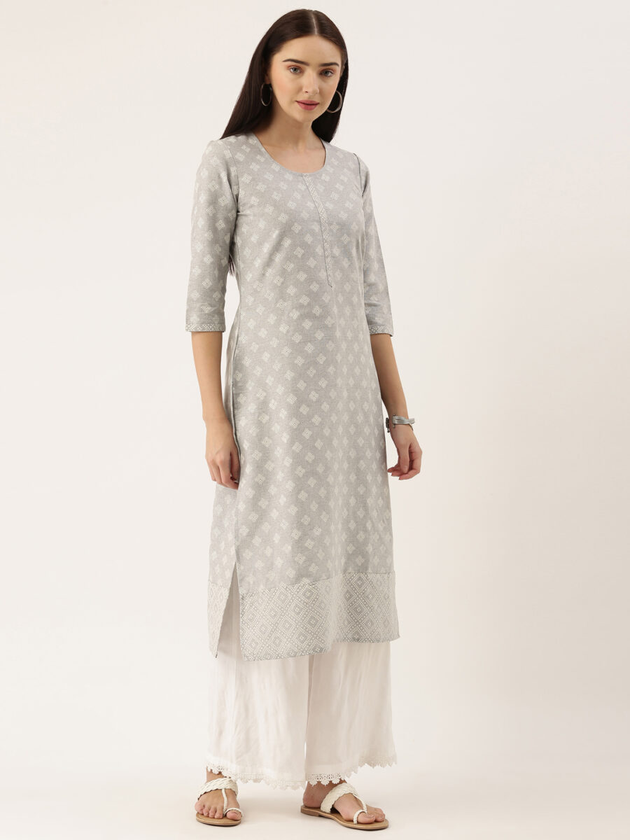 Marcia Grey Printed Cotton Straight Long Kurta - Image 3