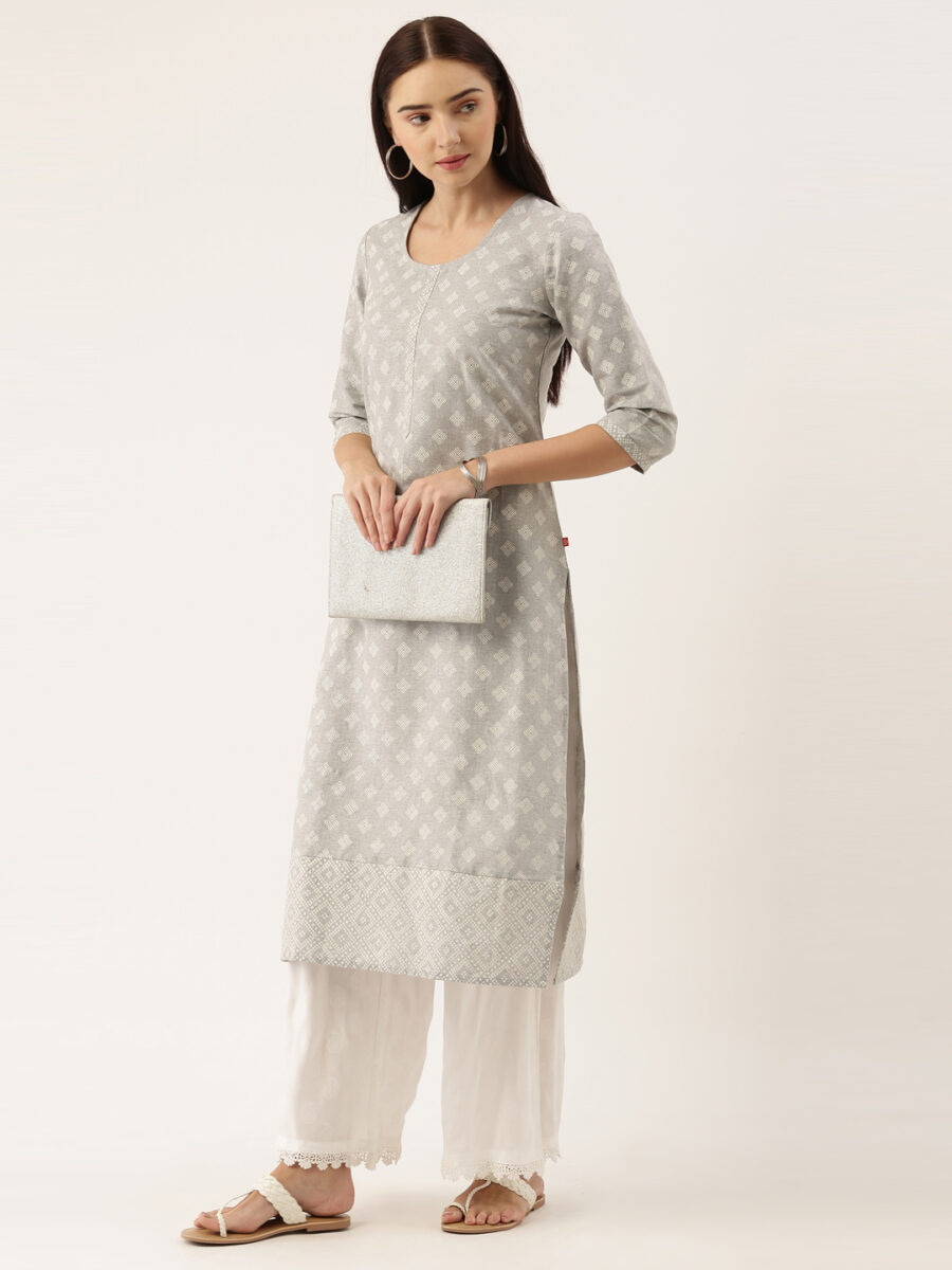 Marcia Grey Printed Cotton Straight Long Kurta - Image 6