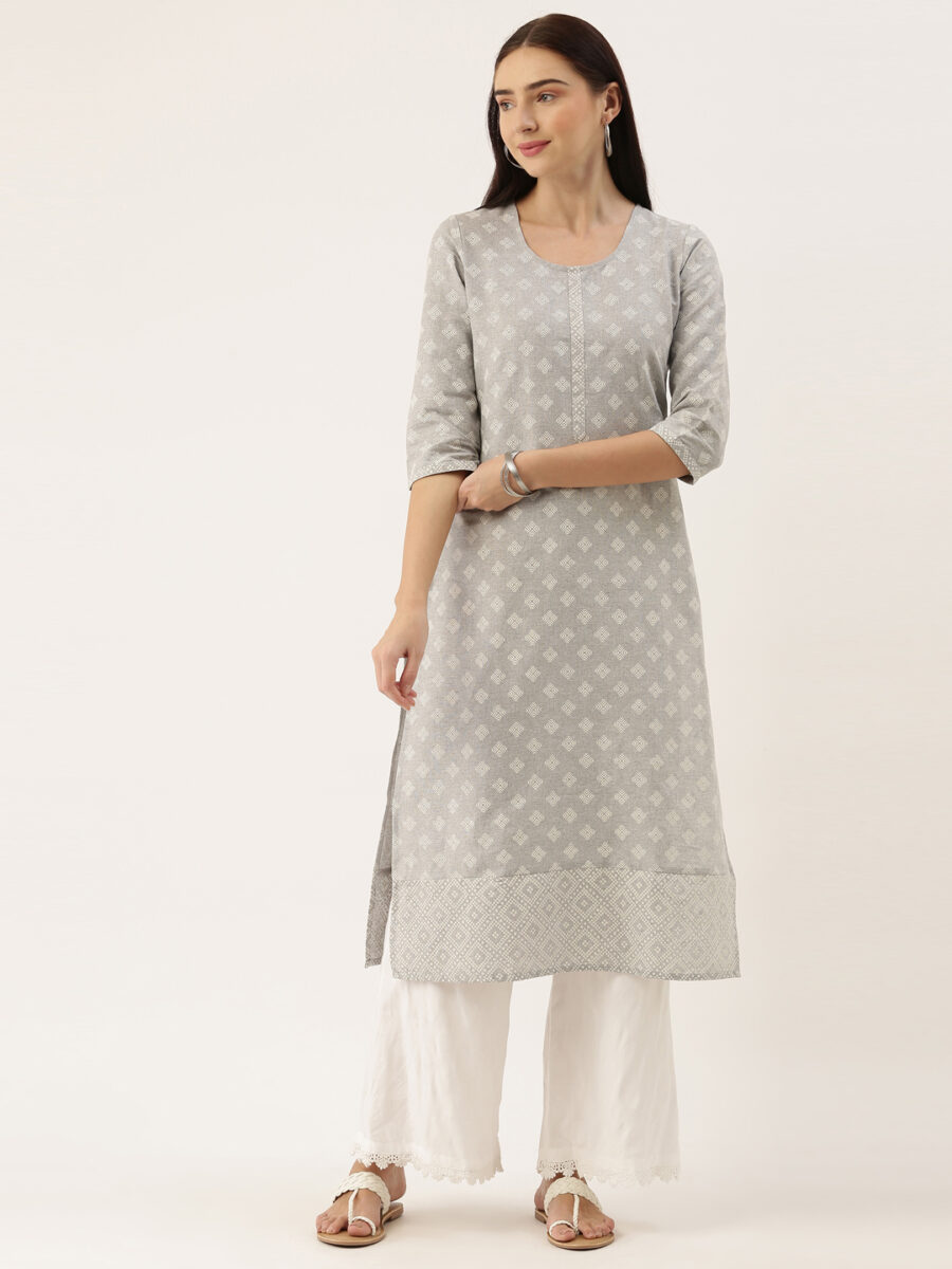 Marcia Grey Printed Cotton Straight Long Kurta - Image 5