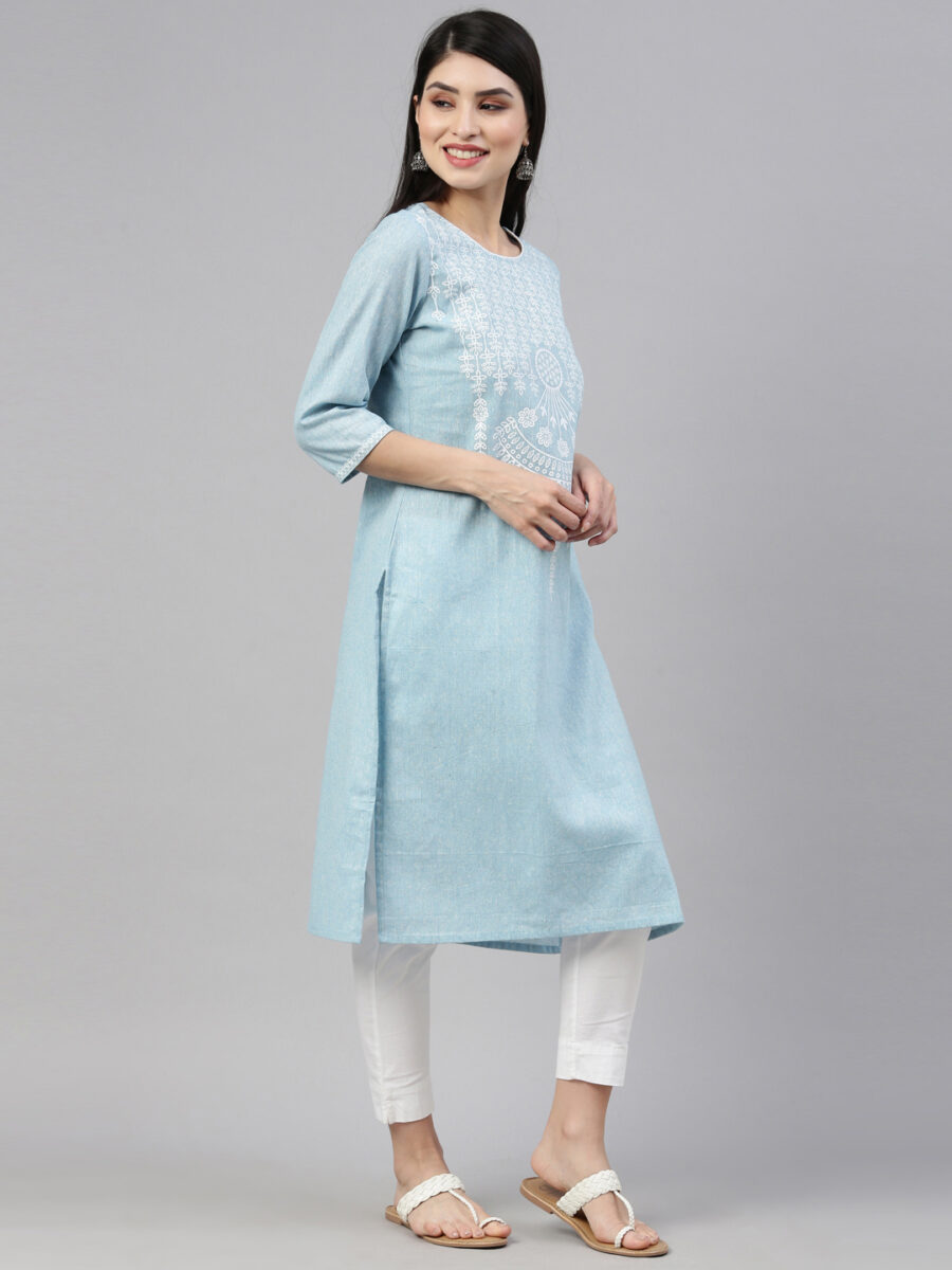 Marcia Blue Printed Cotton Straight Long Kurta - Image 4