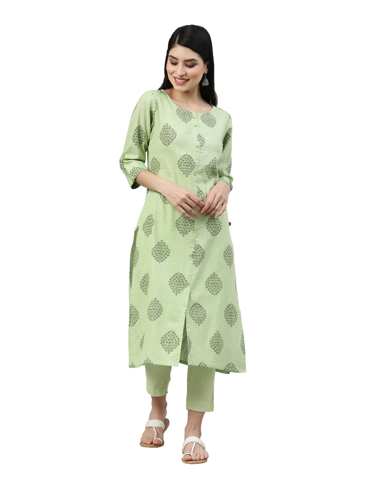 Marcia Green Printed Cotton Straight Kurta Set