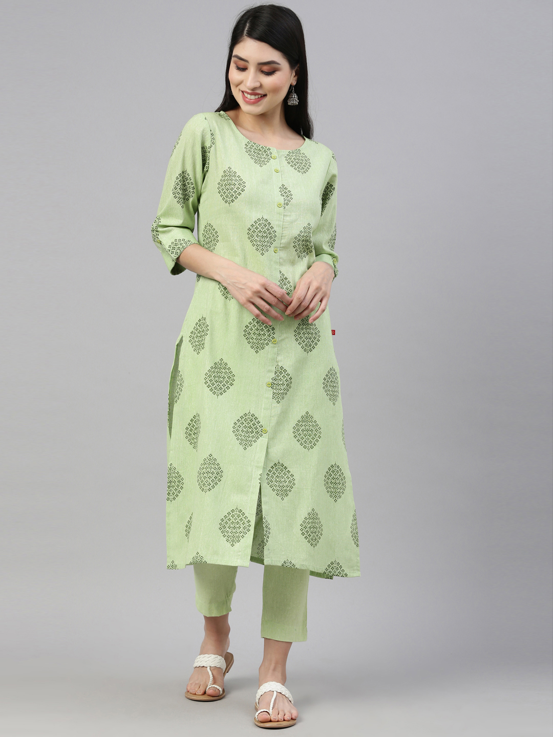 Marcia Green Printed Cotton Straight Kurta Set - Image 2