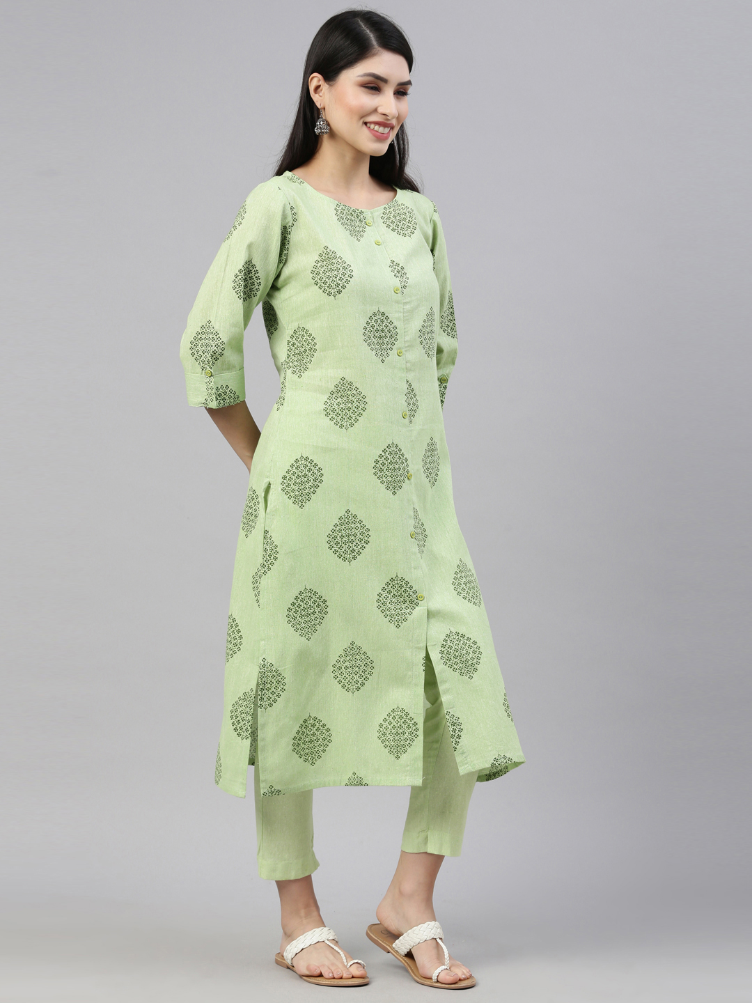 Marcia Green Printed Cotton Straight Kurta Set - Image 4