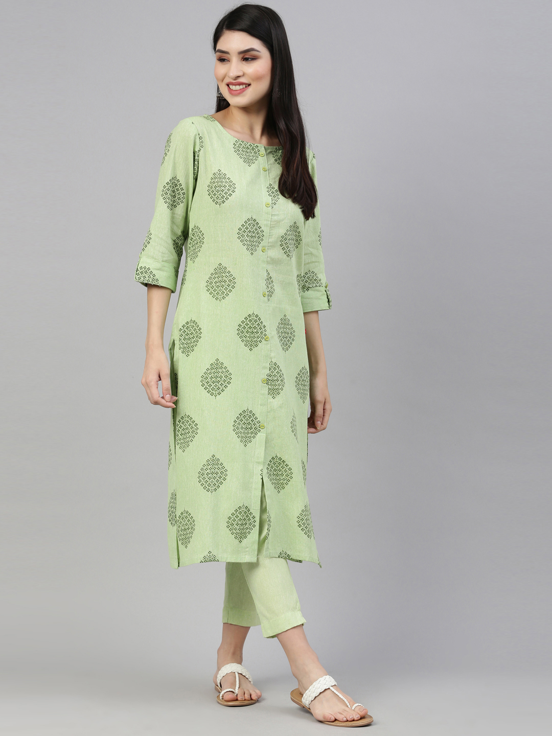 Marcia Green Printed Cotton Straight Kurta Set - Image 6