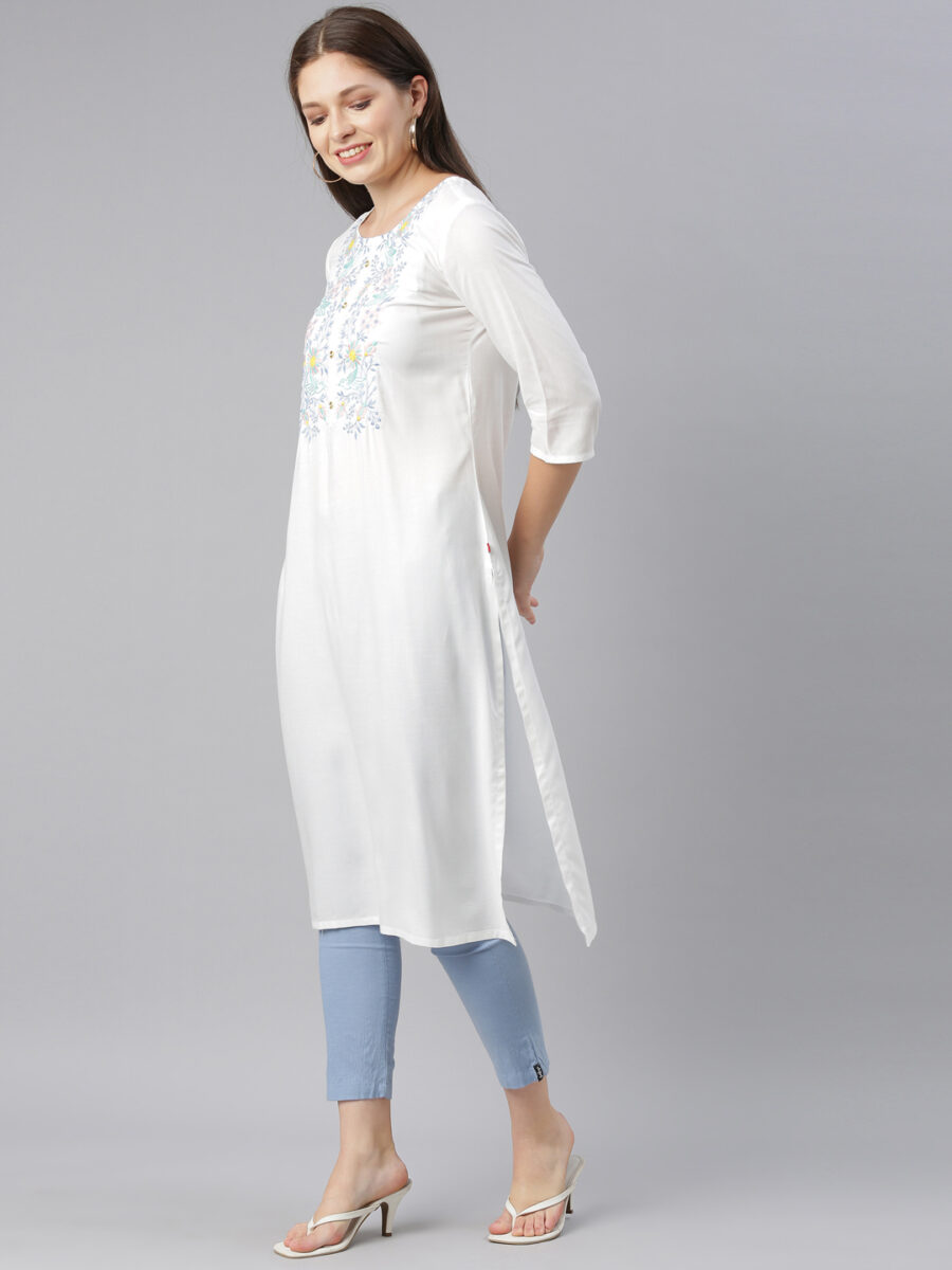 Marcia White Embroidred Rayon Straight Kurta - Image 3