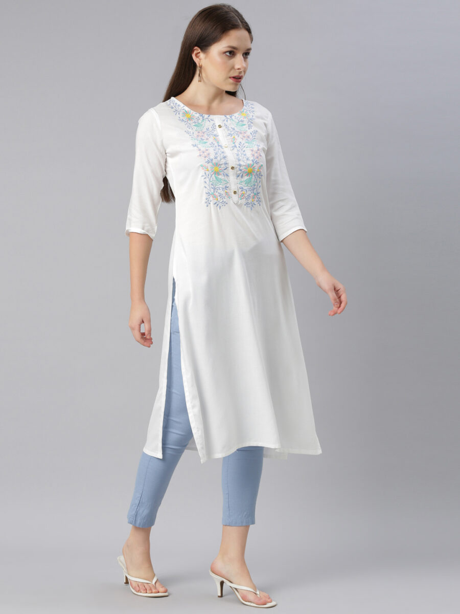 Marcia White Embroidred Rayon Straight Kurta - Image 4