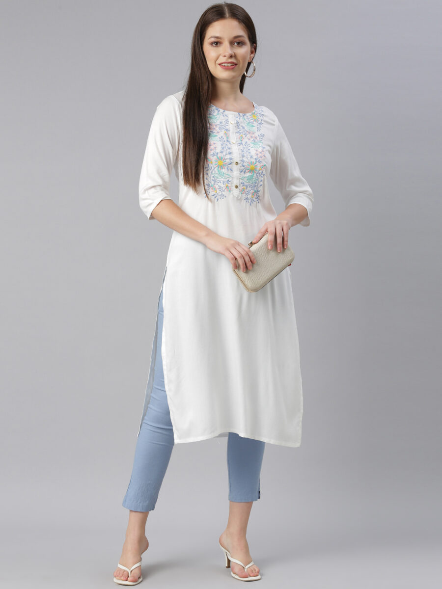 Marcia White Embroidred Rayon Straight Kurta - Image 6
