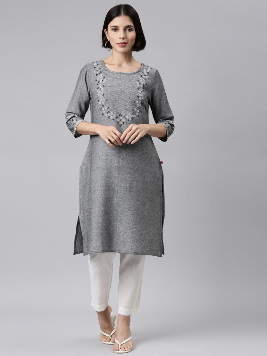 Marcia Black Printed Cotton Straight Kurta