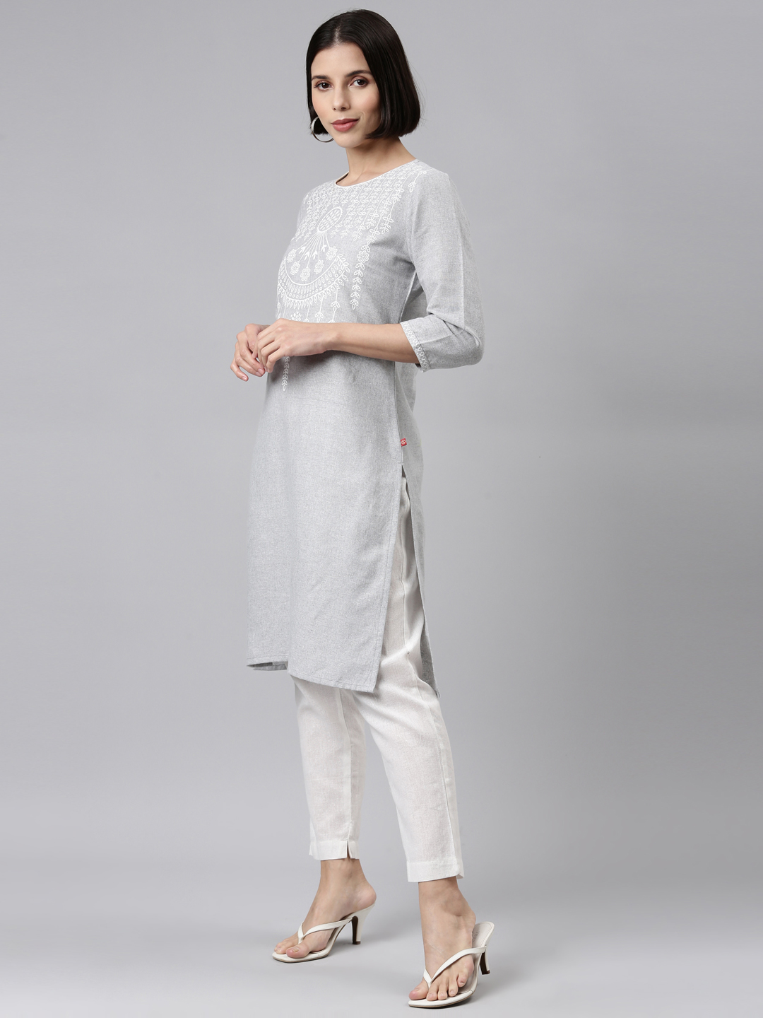 Marcia Grey Printed Cotton Straight Kurta Set - Image 3