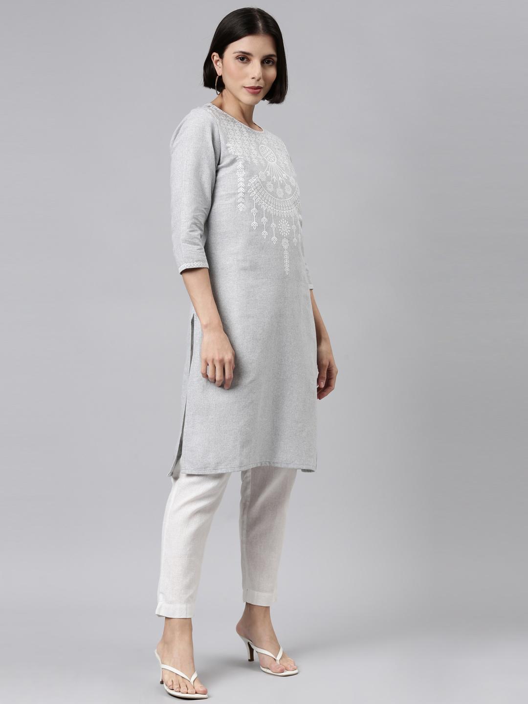 Marcia Grey Printed Cotton Straight Kurta Set - Image 4
