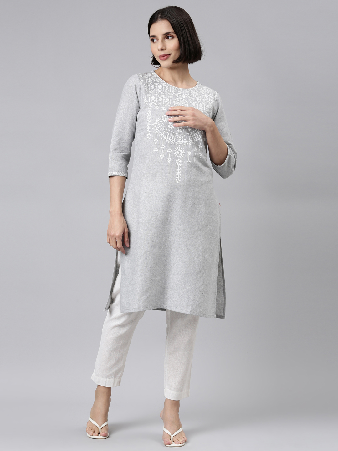 Marcia Grey Printed Cotton Straight Kurta Set - Image 5