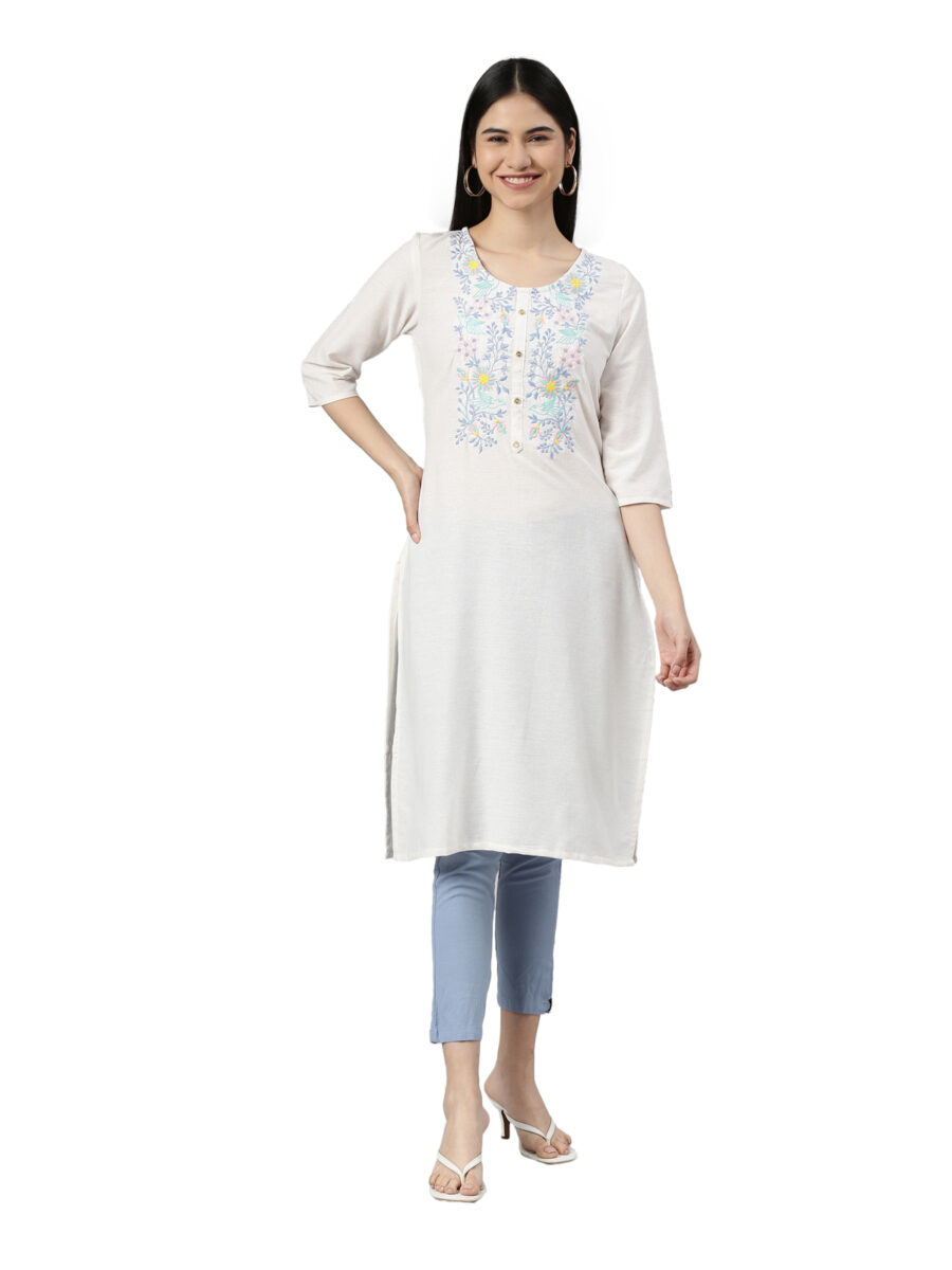 Marcia White Printed Rayon Straight Long Kurta - Image 7