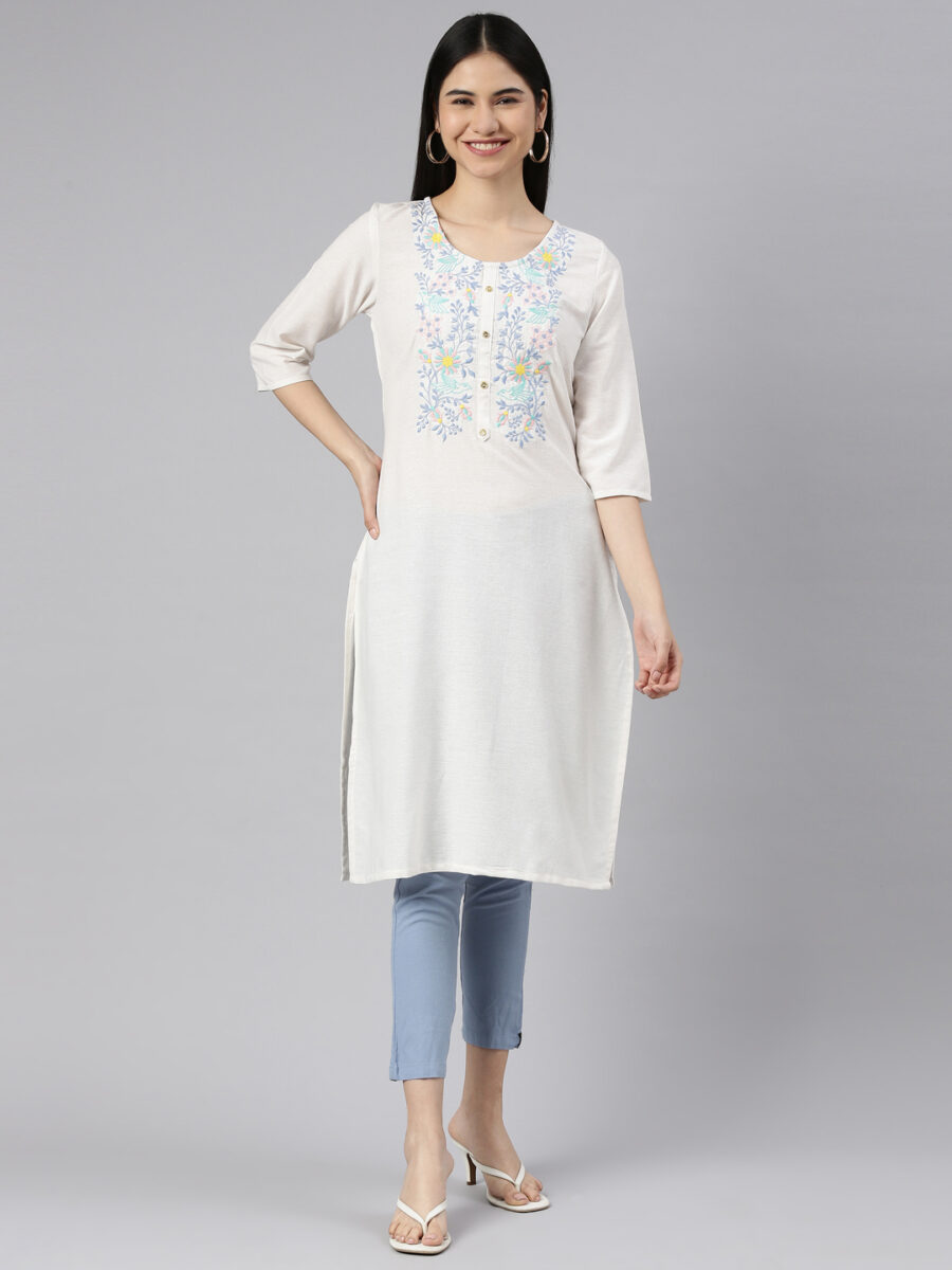 Marcia White Printed Rayon Straight Long Kurta