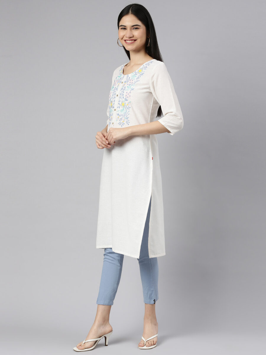 Marcia White Printed Rayon Straight Long Kurta - Image 3