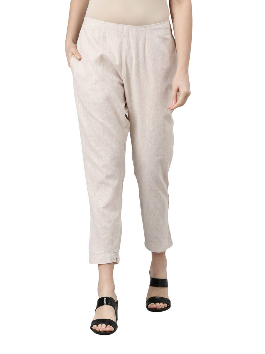 Marcia Beige Solid Cotton Regular Trousers - Image 6
