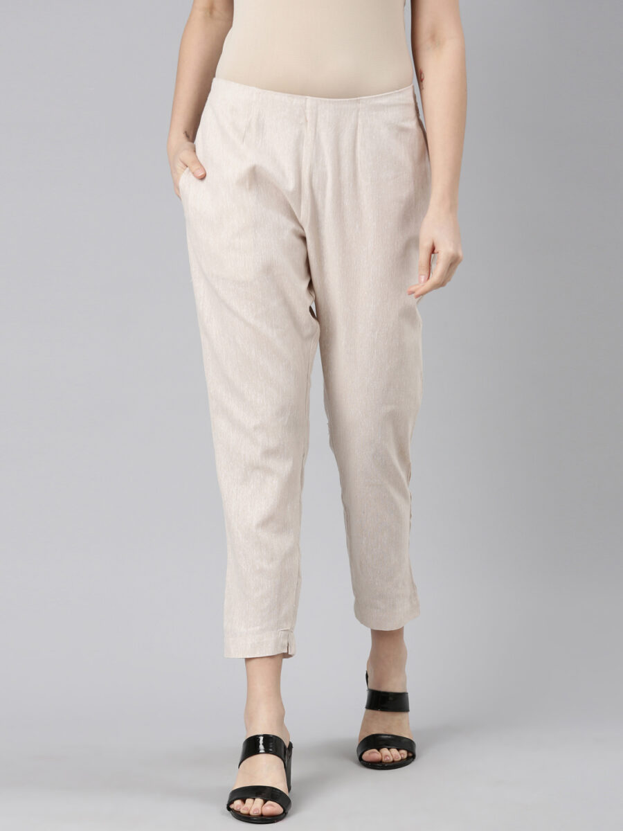 Marcia Beige Solid Cotton Regular Trousers