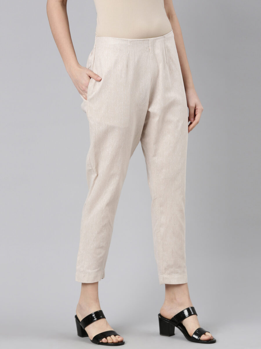 Marcia Beige Solid Cotton Regular Trousers - Image 2