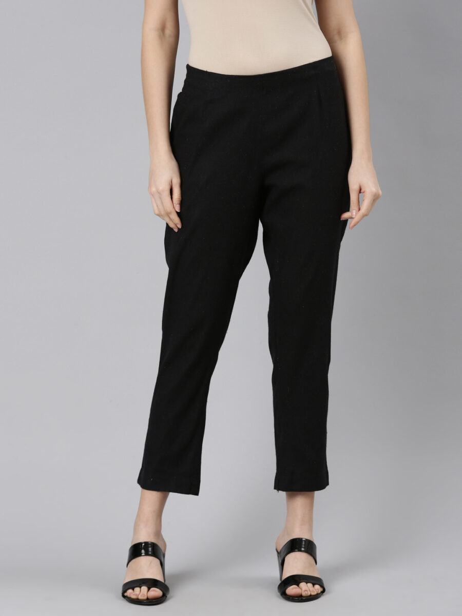 Marcia Black Solid Cotton Regular Trousers