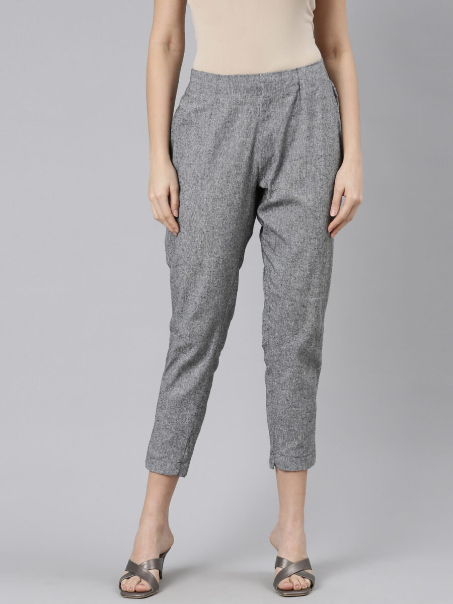 Marcia Grey Solid Cotton Regular Trousers
