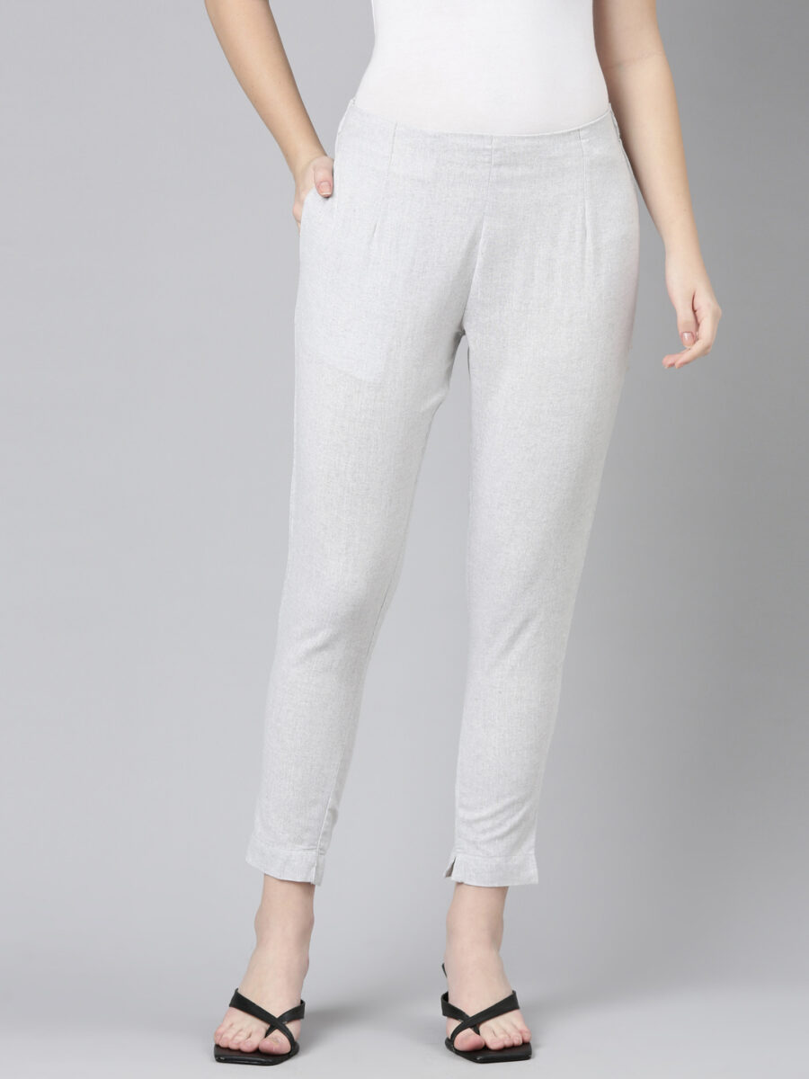 Marcia Silver Solid Cotton Straight Trousers