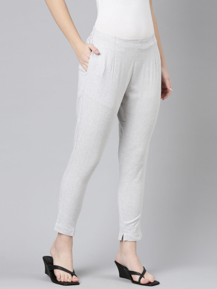 Marcia Silver Solid Cotton Straight Trousers - Image 3