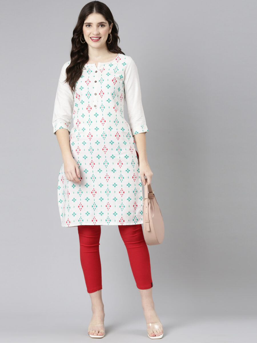 Marcia White Printed Cotton Straight Long Kurta