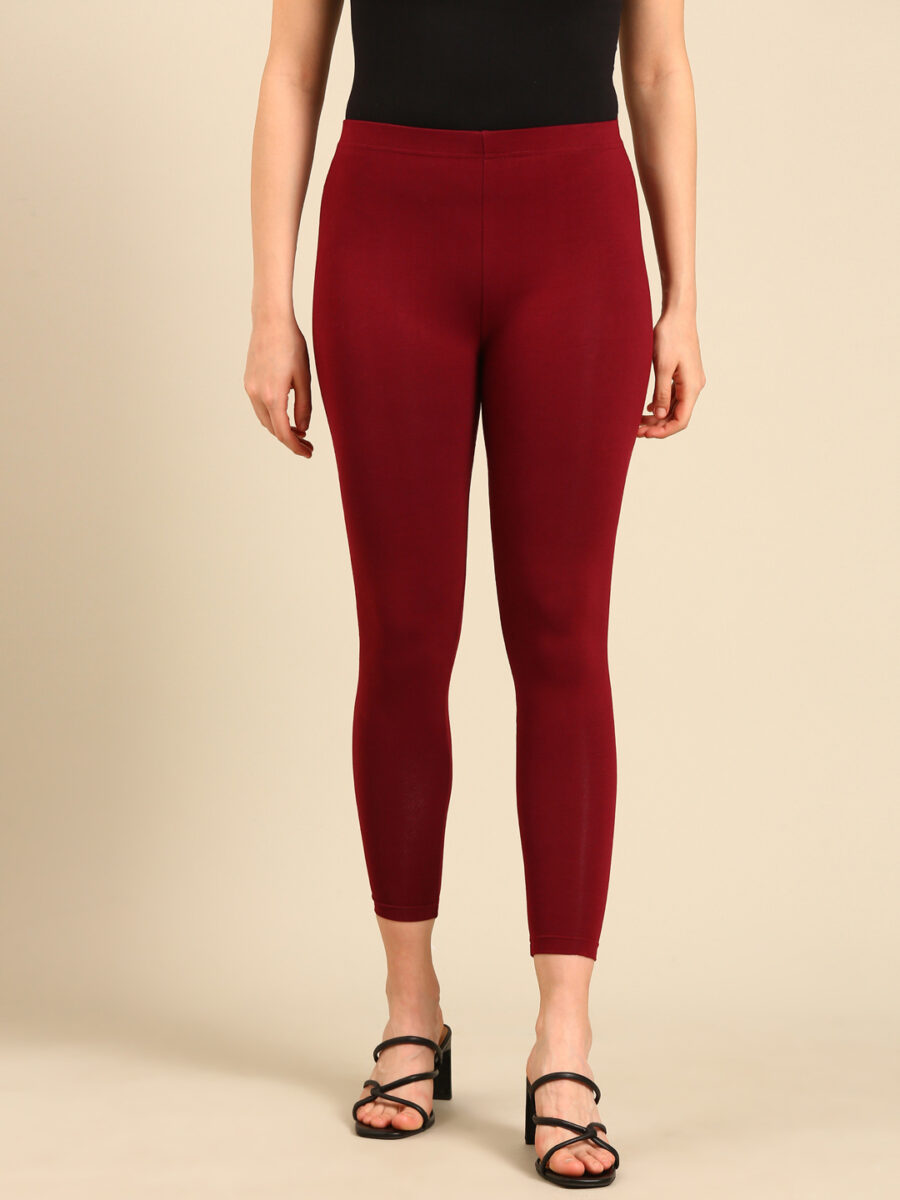Marcia Maroon solid Cotton Lycra Ankle Length Leggings - Image 2