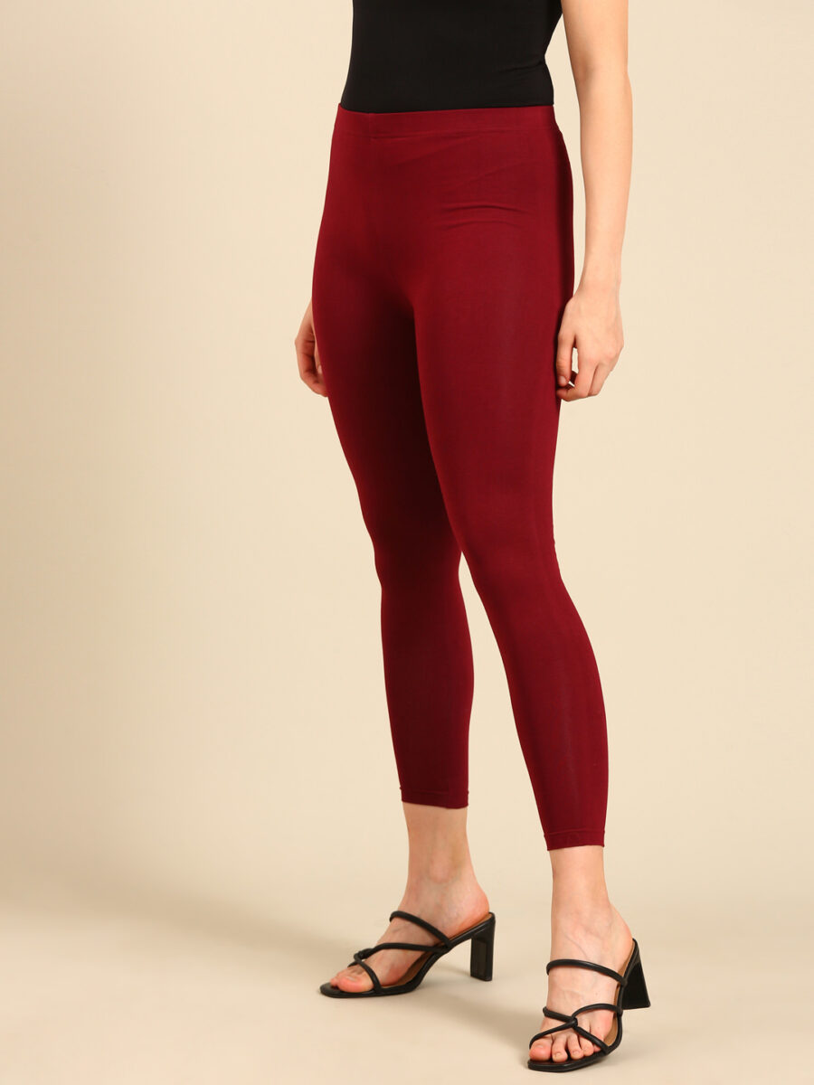 Marcia Maroon solid Cotton Lycra Ankle Length Leggings - Image 3