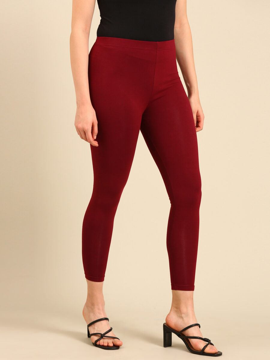 Marcia Maroon solid Cotton Lycra Ankle Length Leggings - Image 4
