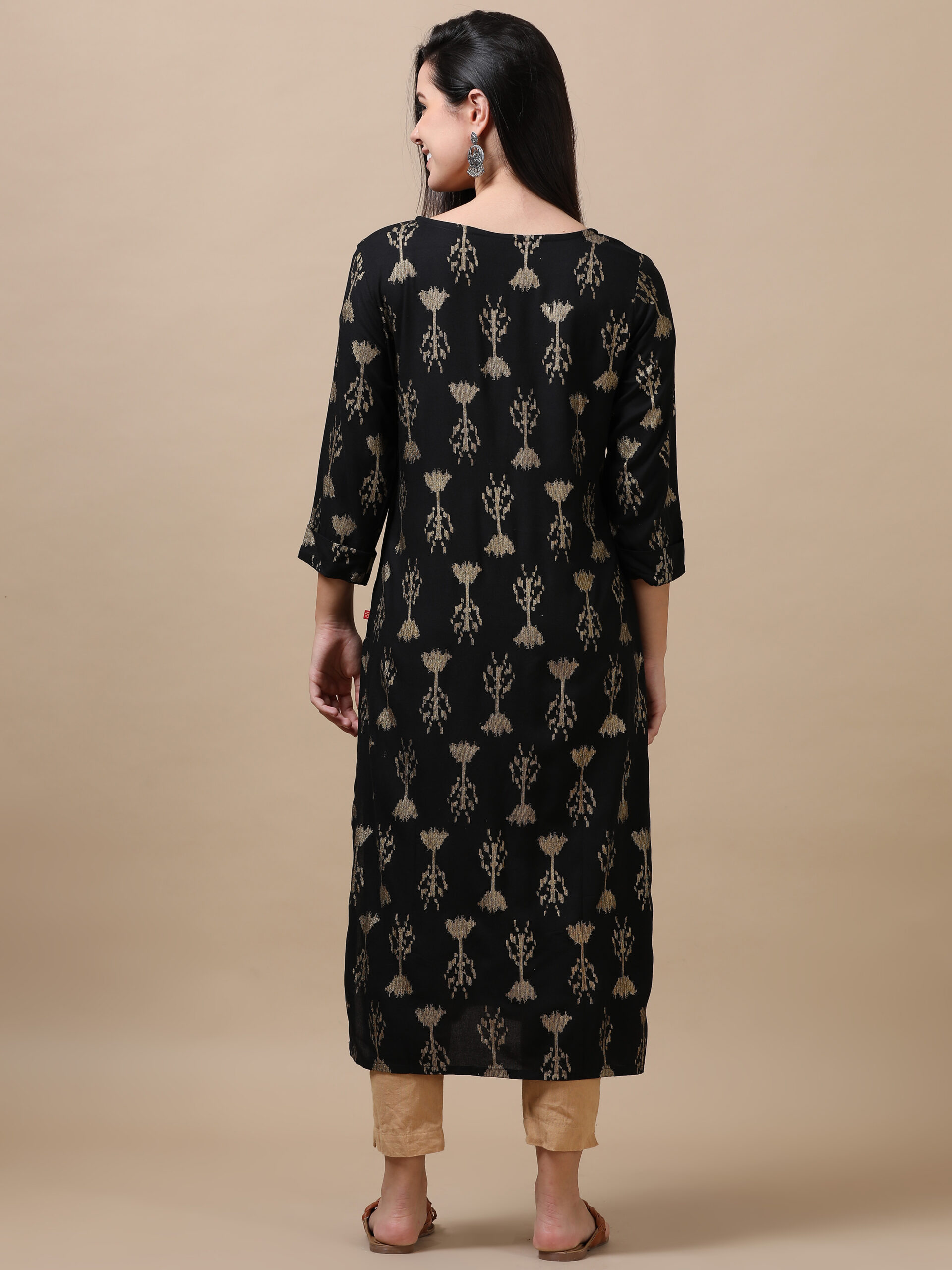Marcia Black Printed Rayon A-Line Long Kurta - Image 2