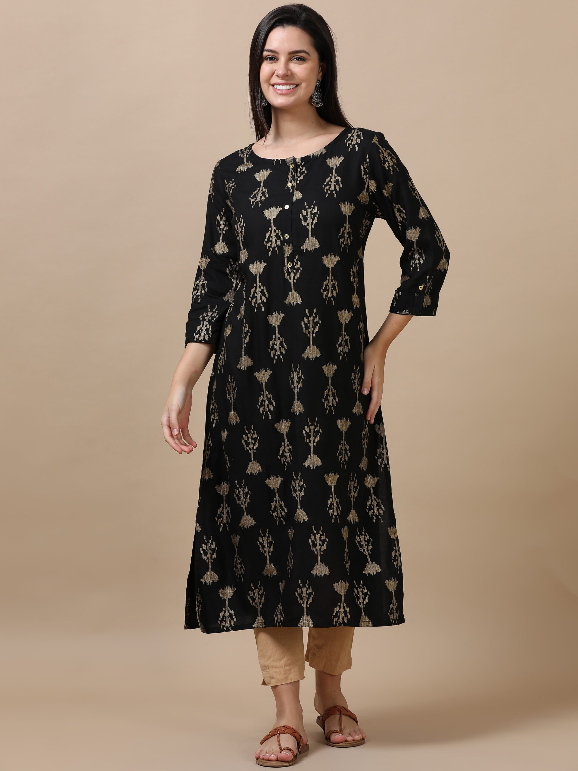 Marcia Black Printed Rayon A-Line Long Kurta