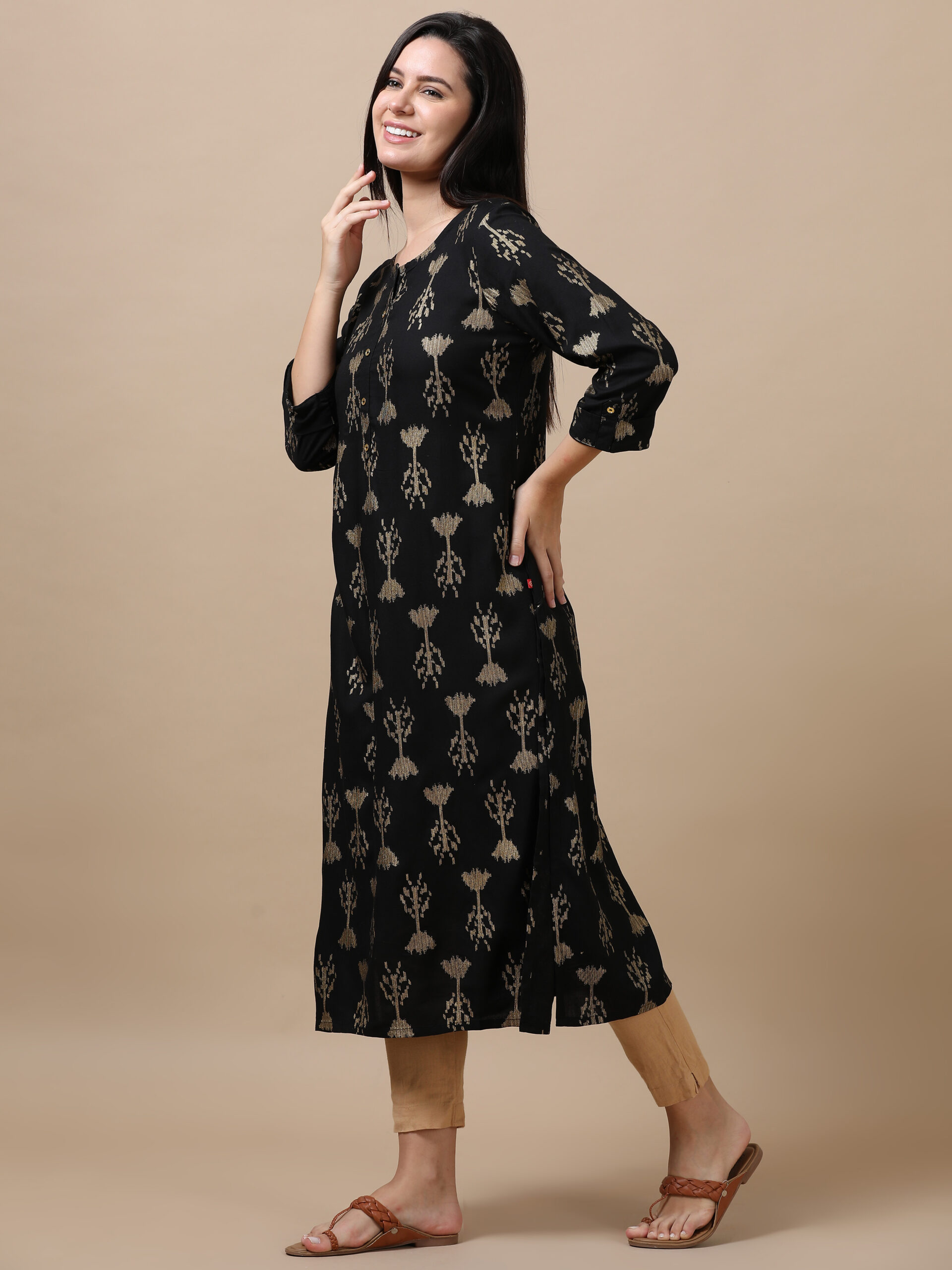 Marcia Black Printed Rayon A-Line Long Kurta - Image 3