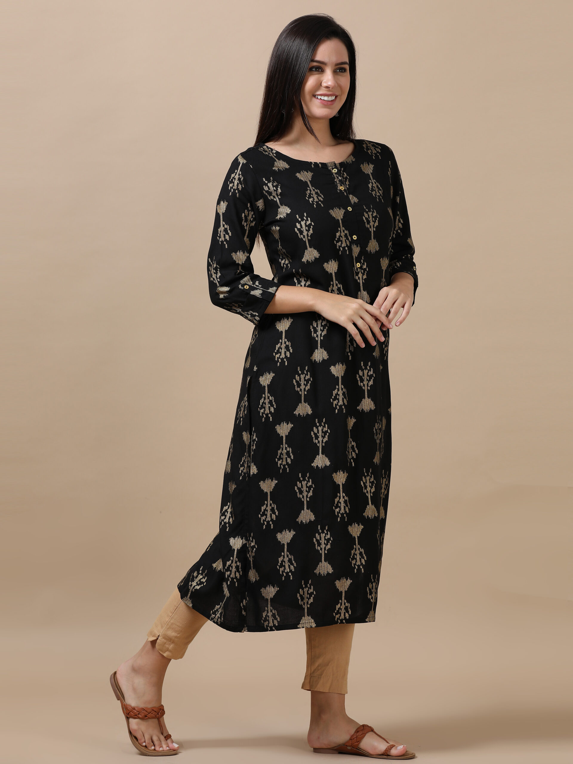 Marcia Black Printed Rayon A-Line Long Kurta - Image 4