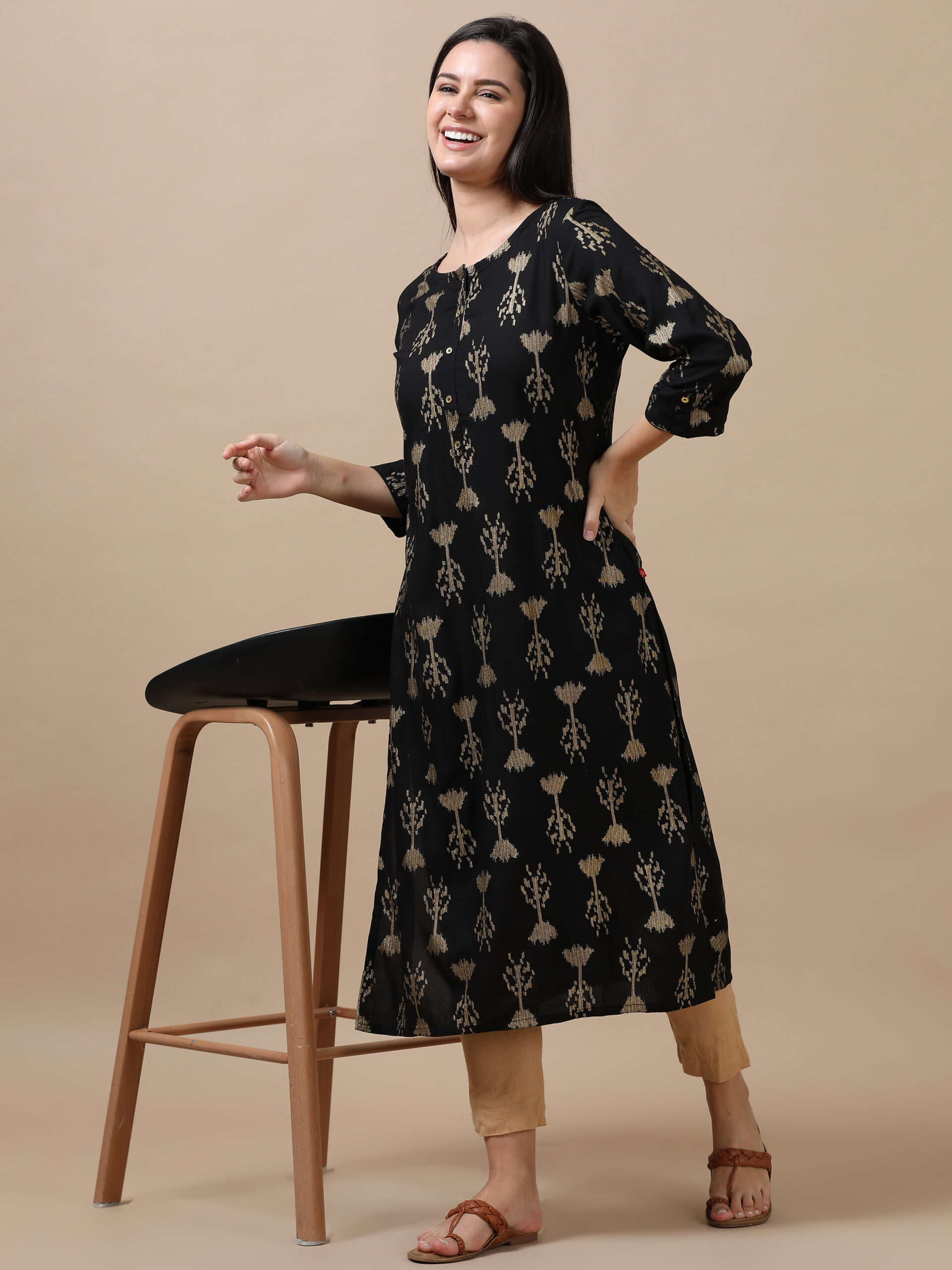 Marcia Black Printed Rayon A-Line Long Kurta - Image 5