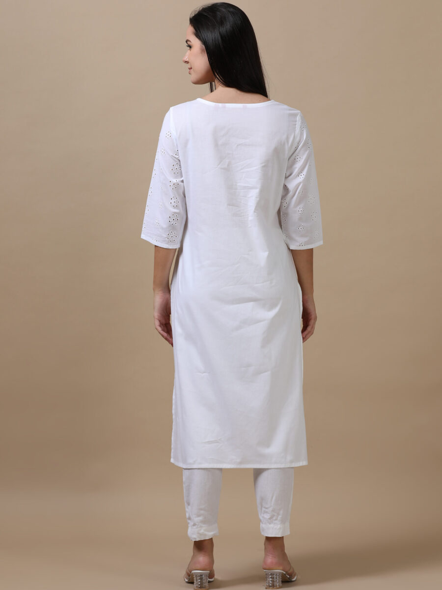 Marcia White Embroidery Cotton Straight Long Kurta - Image 2