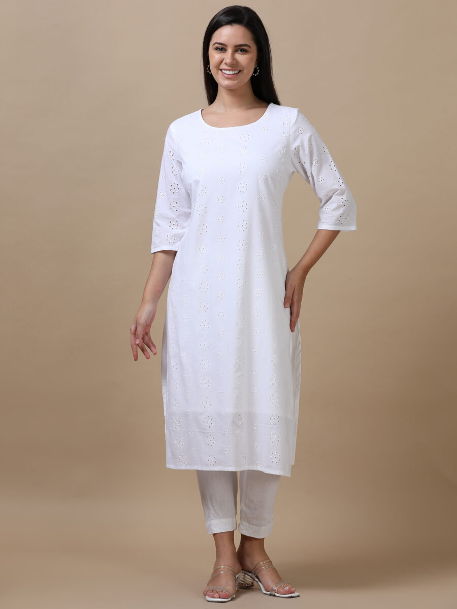 Marcia White Embroidery Cotton Straight Long Kurta