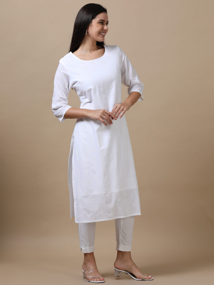 Marcia White Embroidery Cotton Straight Long Kurta - Image 3