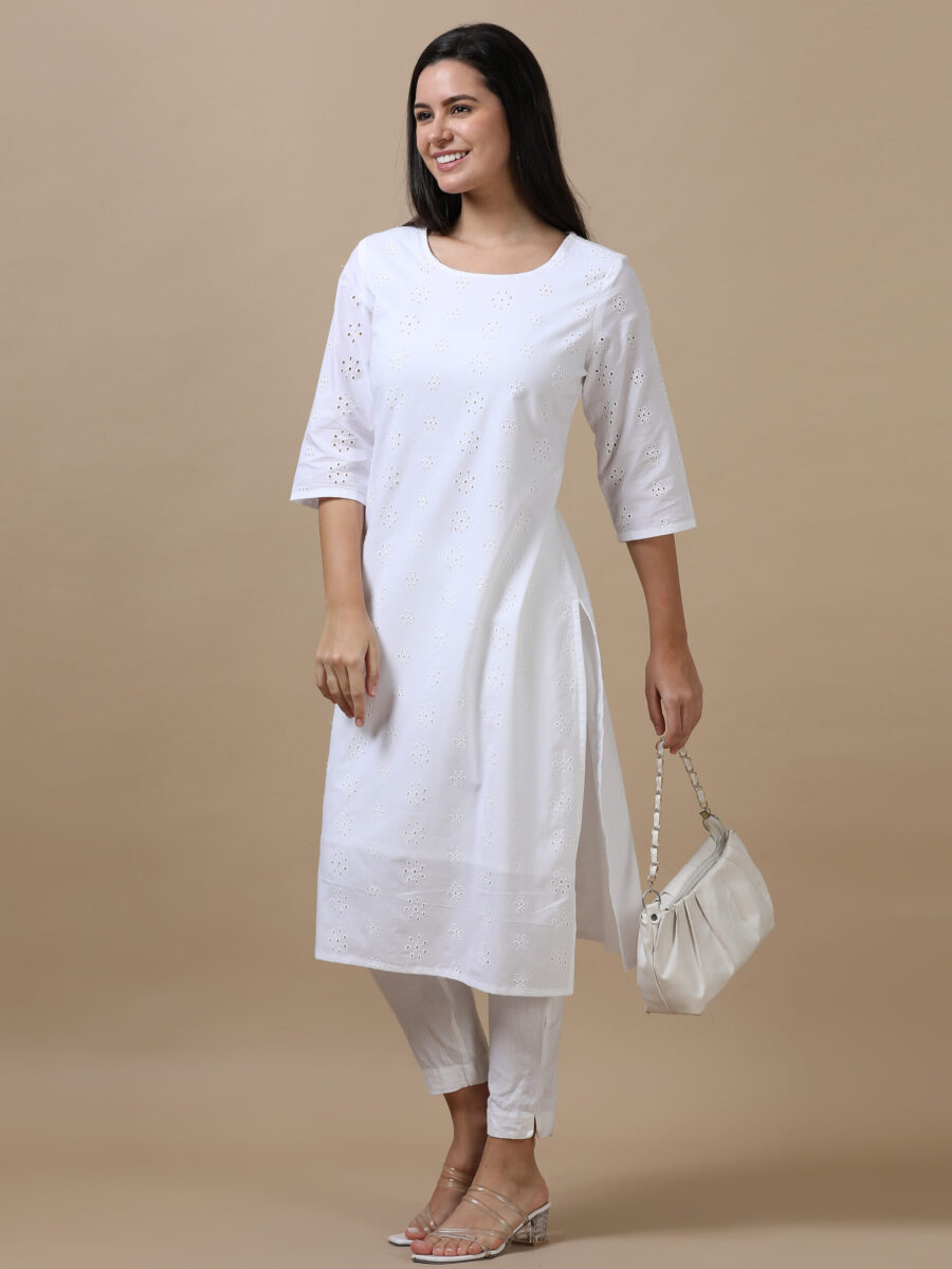 Marcia White Embroidery Cotton Straight Long Kurta - Image 5