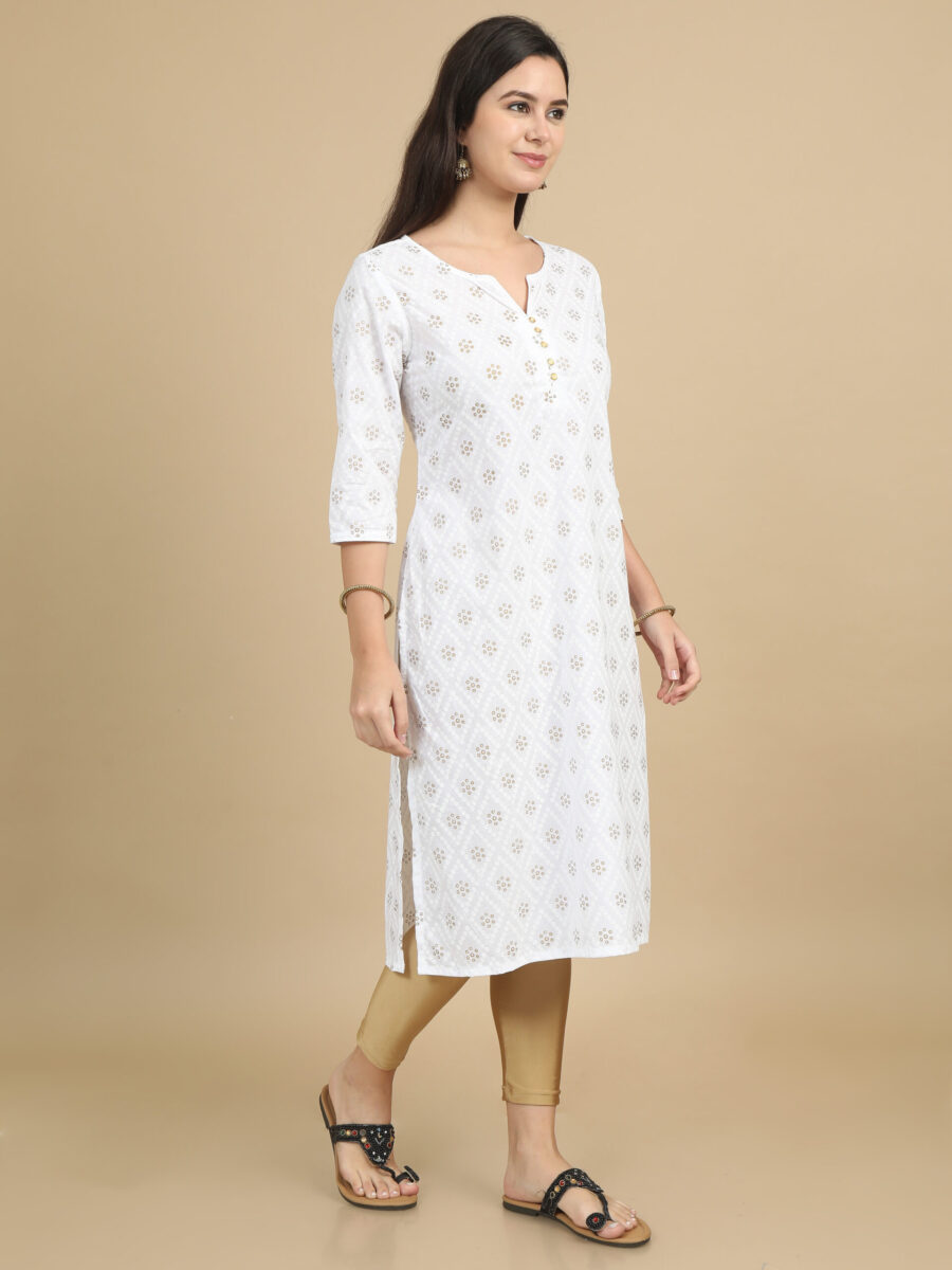 Women White Ethnic Motifs Printed Cotton Kurta - Image 5