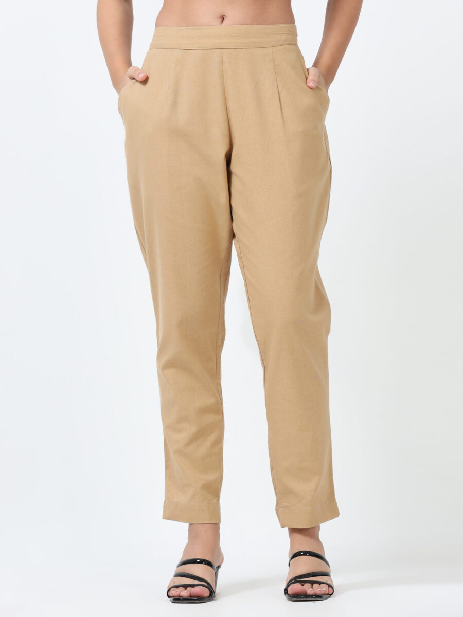 Marcia Beige Solid Cotton Regular Trousers