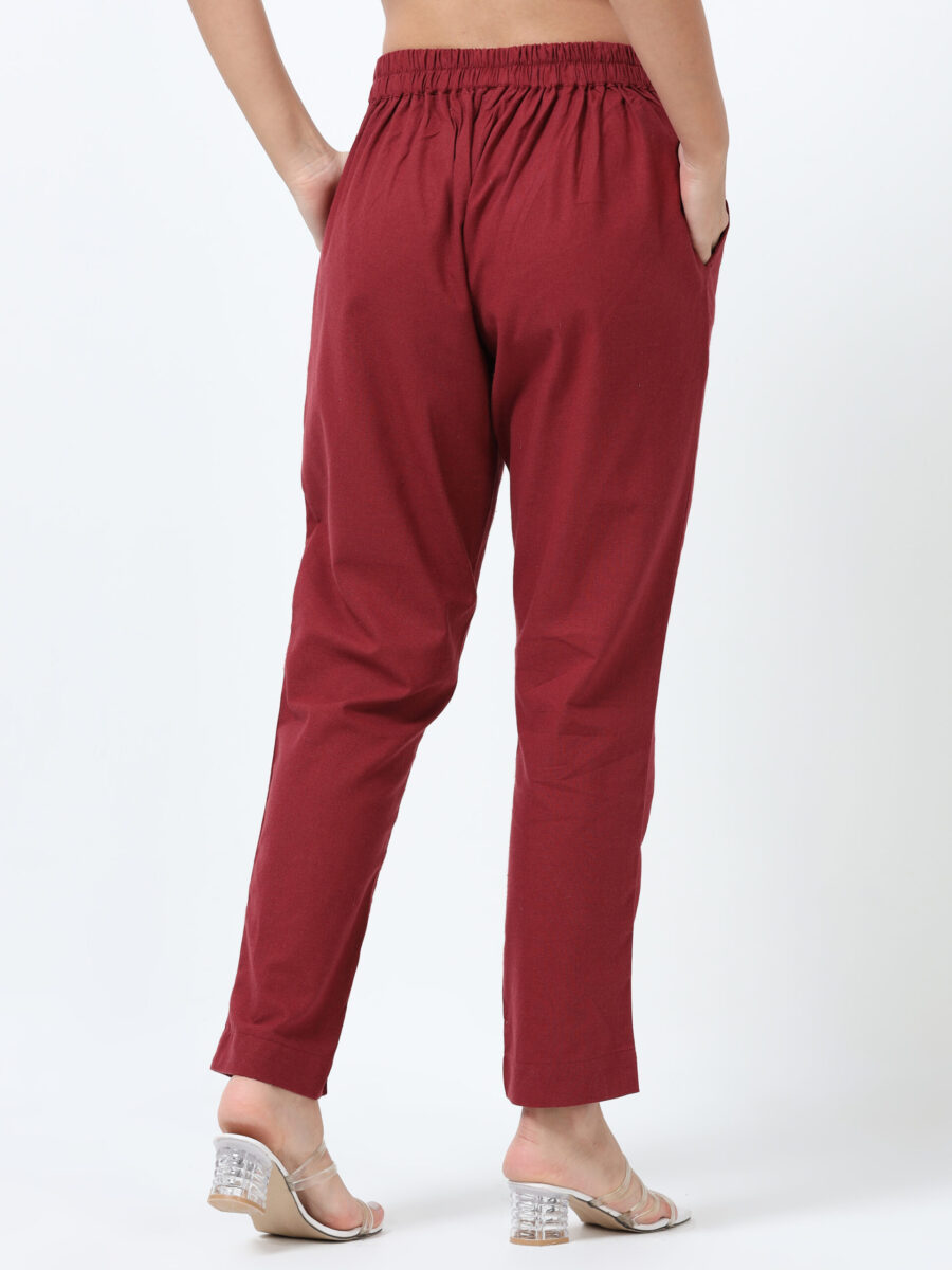Marcia Maroon Solid Cotton Regular Trousers - Image 4