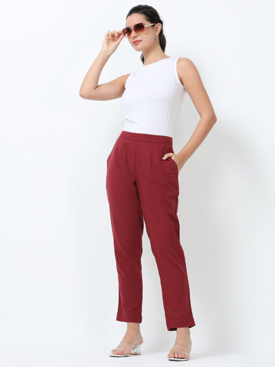 Marcia Maroon Solid Cotton Regular Trousers - Image 8