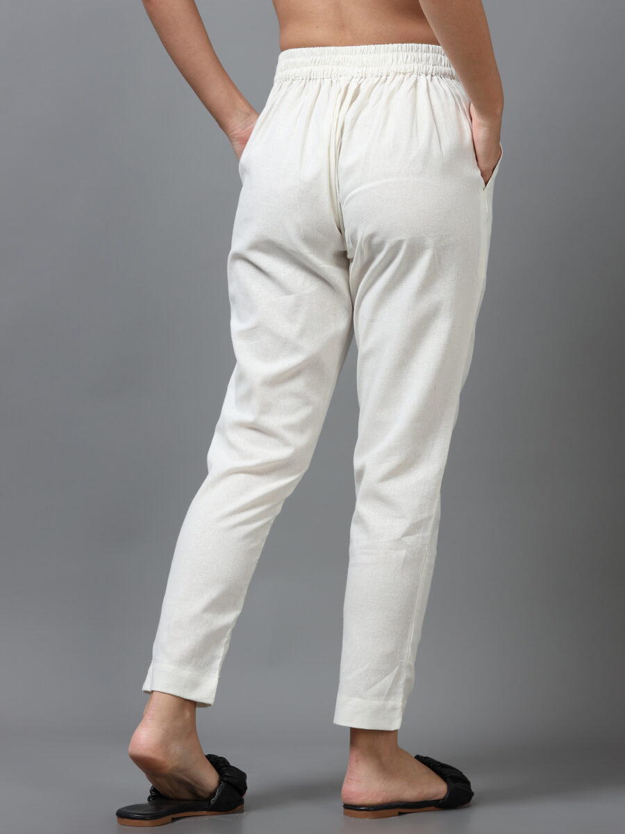 Marcia off White Solid Cotton Regular Trousers - Image 3