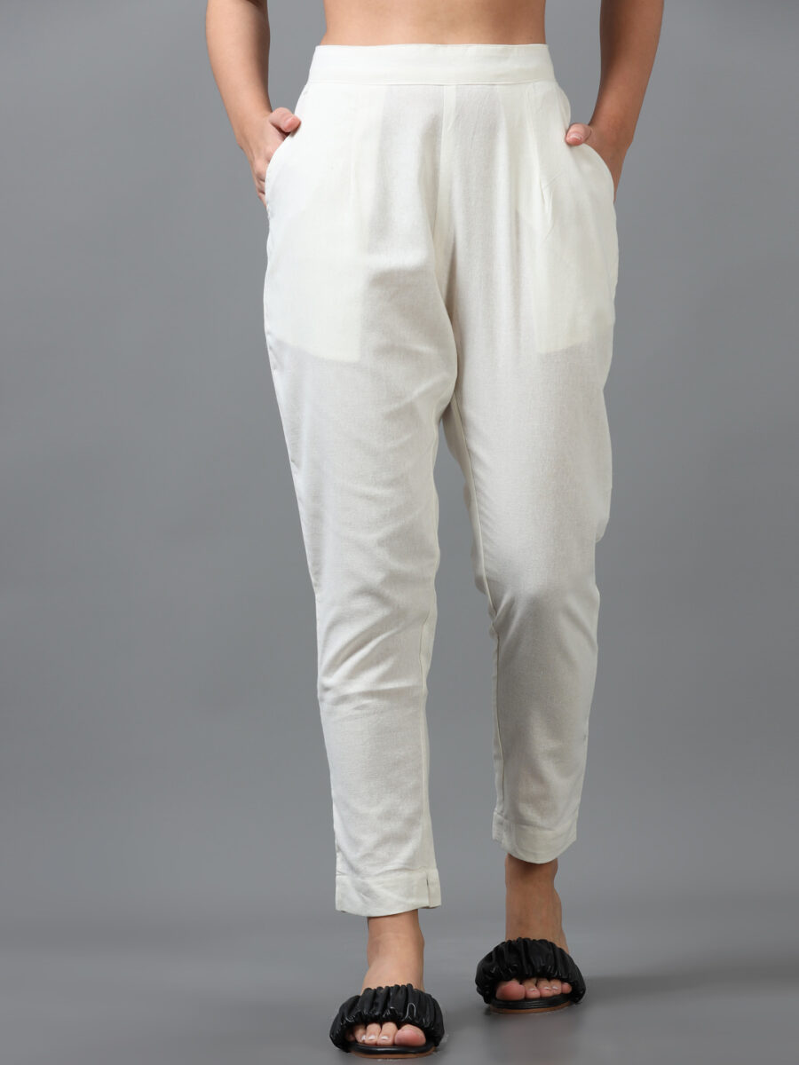 Marcia off White Solid Cotton Regular Trousers