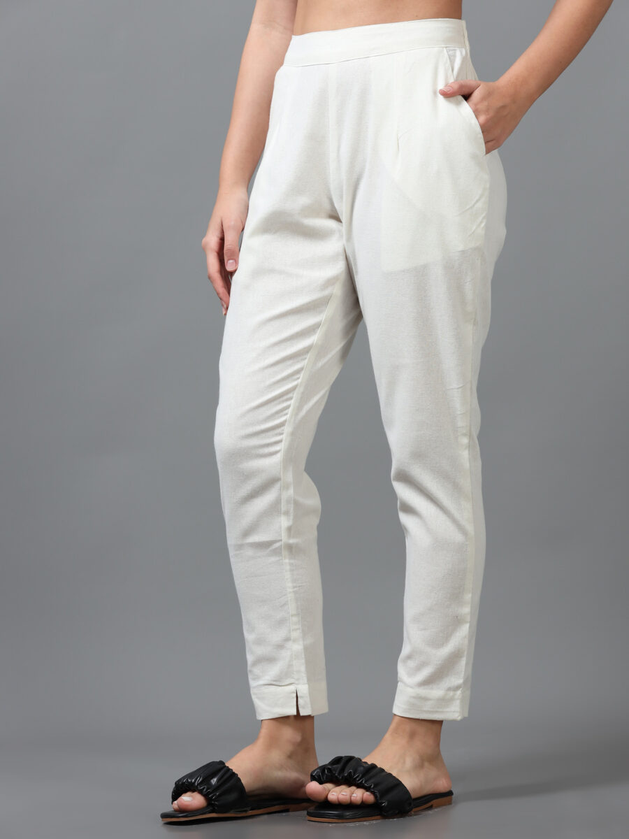 Marcia off White Solid Cotton Regular Trousers - Image 2